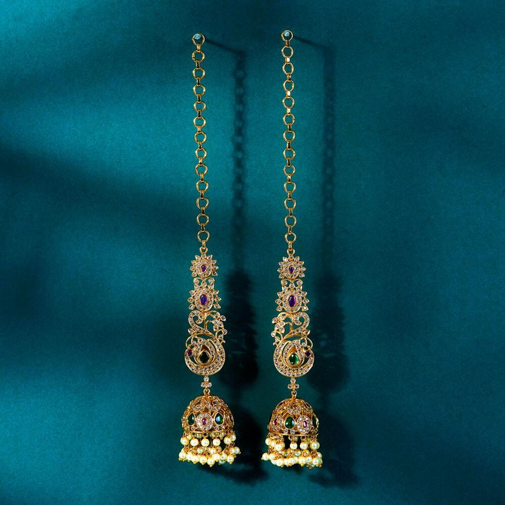 Antique finish american diamonds and jadau Jhumkas with Ear chain gold polished, kaan chain earrings trendy light weight
