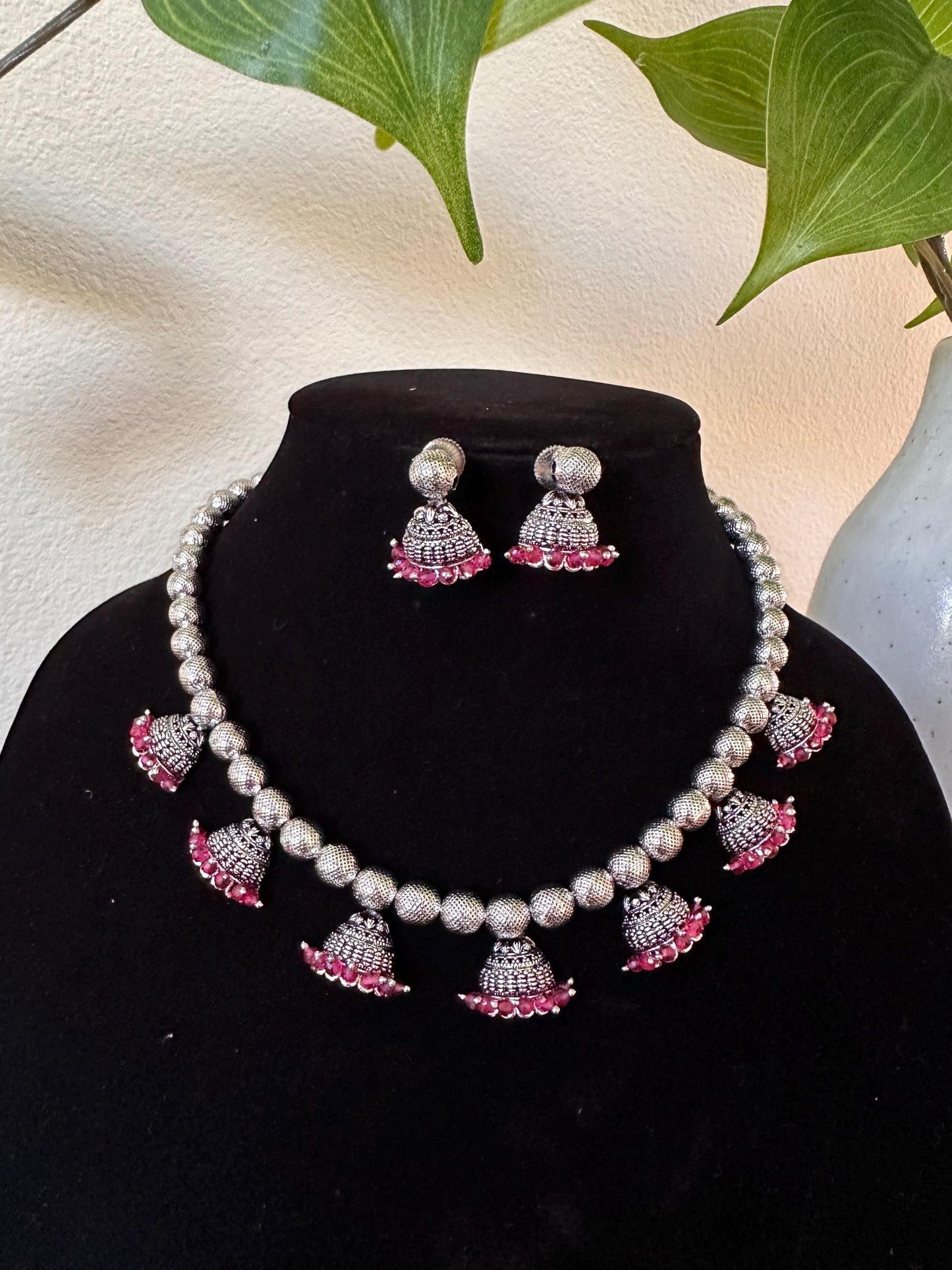 Oxidized necklace set silver ruby beads