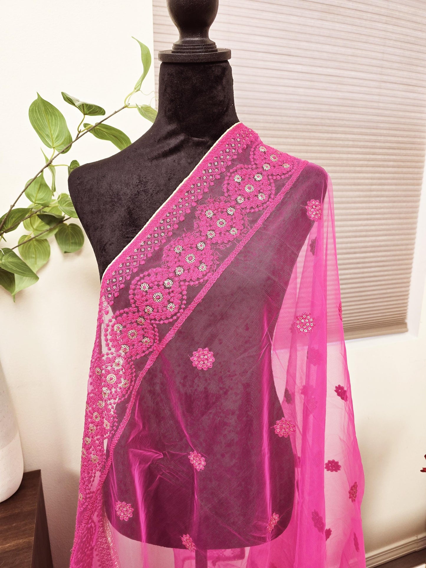 Jaal Embroidered Pink Net Dupatta golden trendy delicate shawl stole