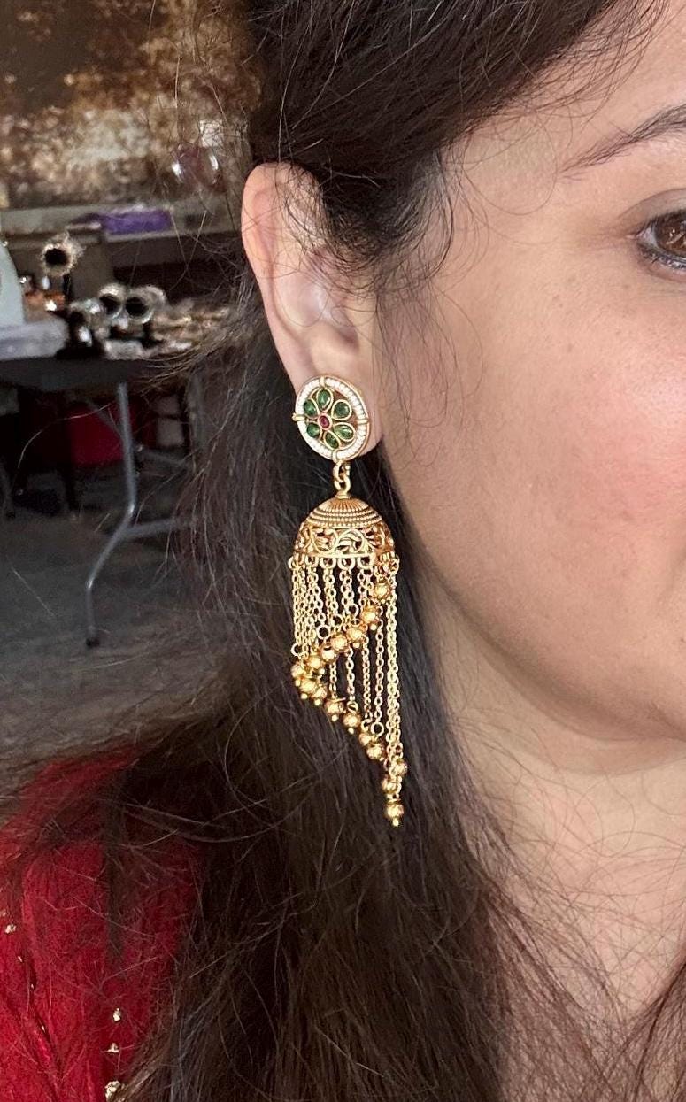Antique finish Gold jadau jhumka earrings with pearl and chains gold polished trendy
