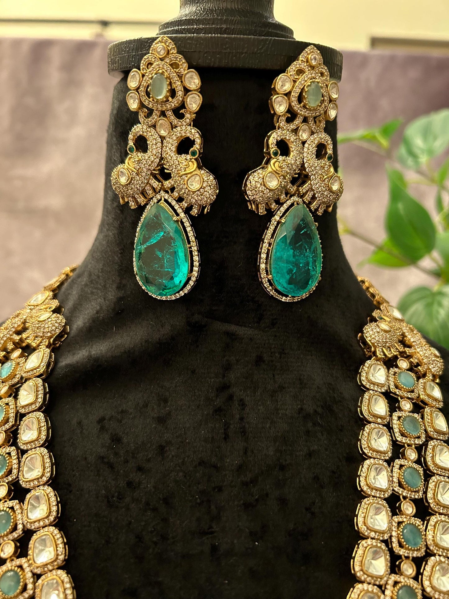 Amrapali inspired design Mint green long layered Necklace set Mossanite, polki American diamonds adjustable gold polished