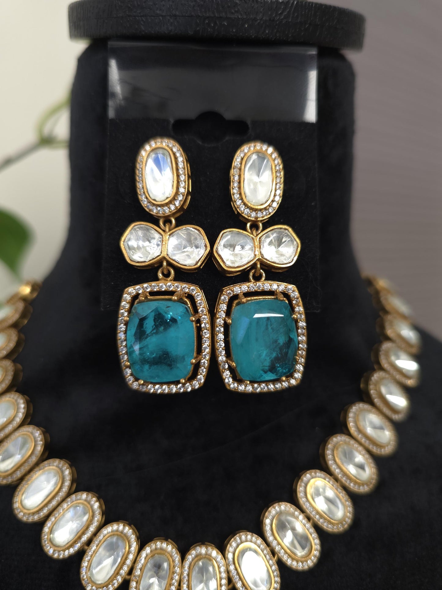 Doublet stone blue necklace set with Mossanite, American diamonds adjustable gold polished
