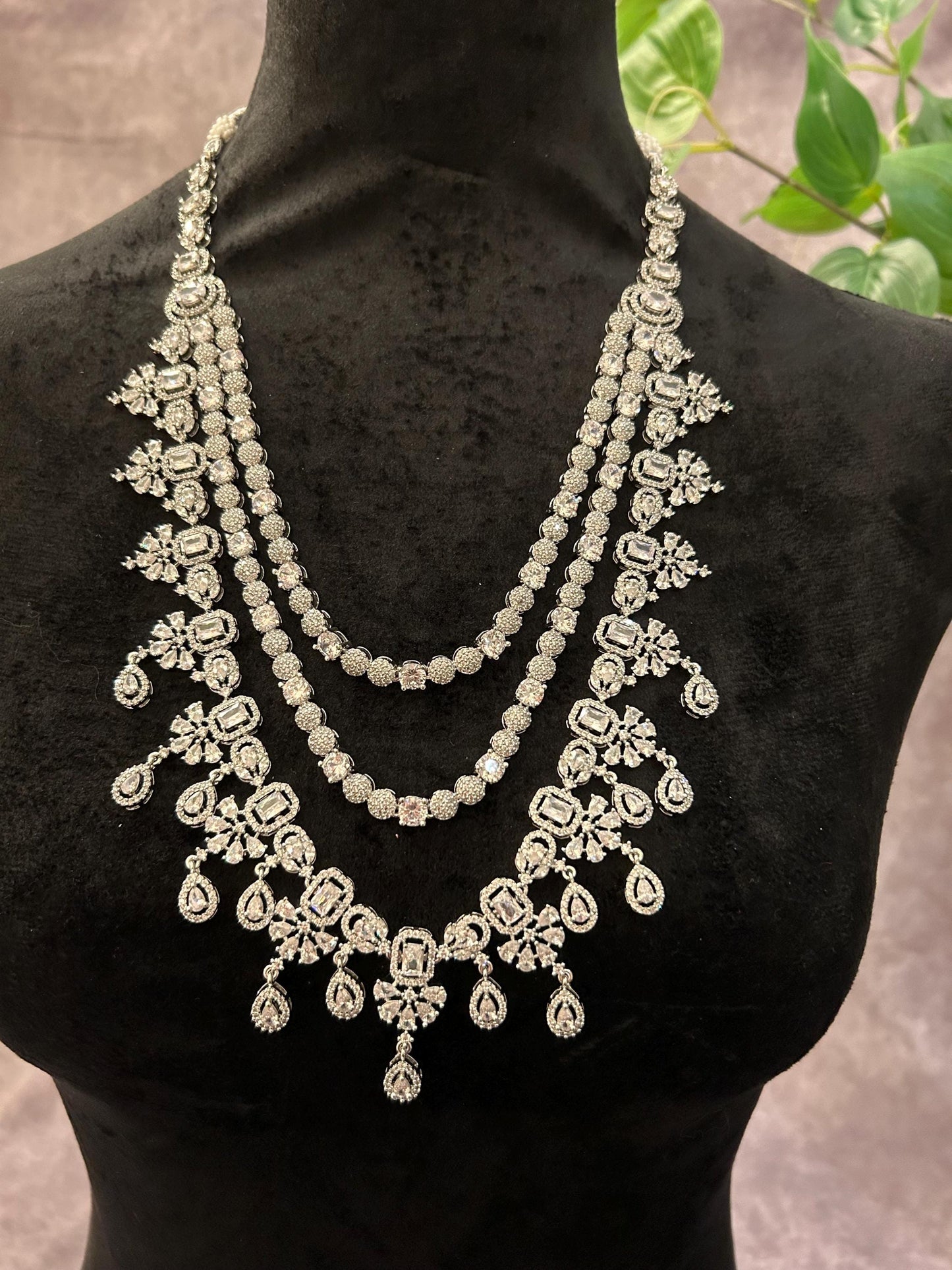 American diamonds long layered necklace set adjustable silver polished