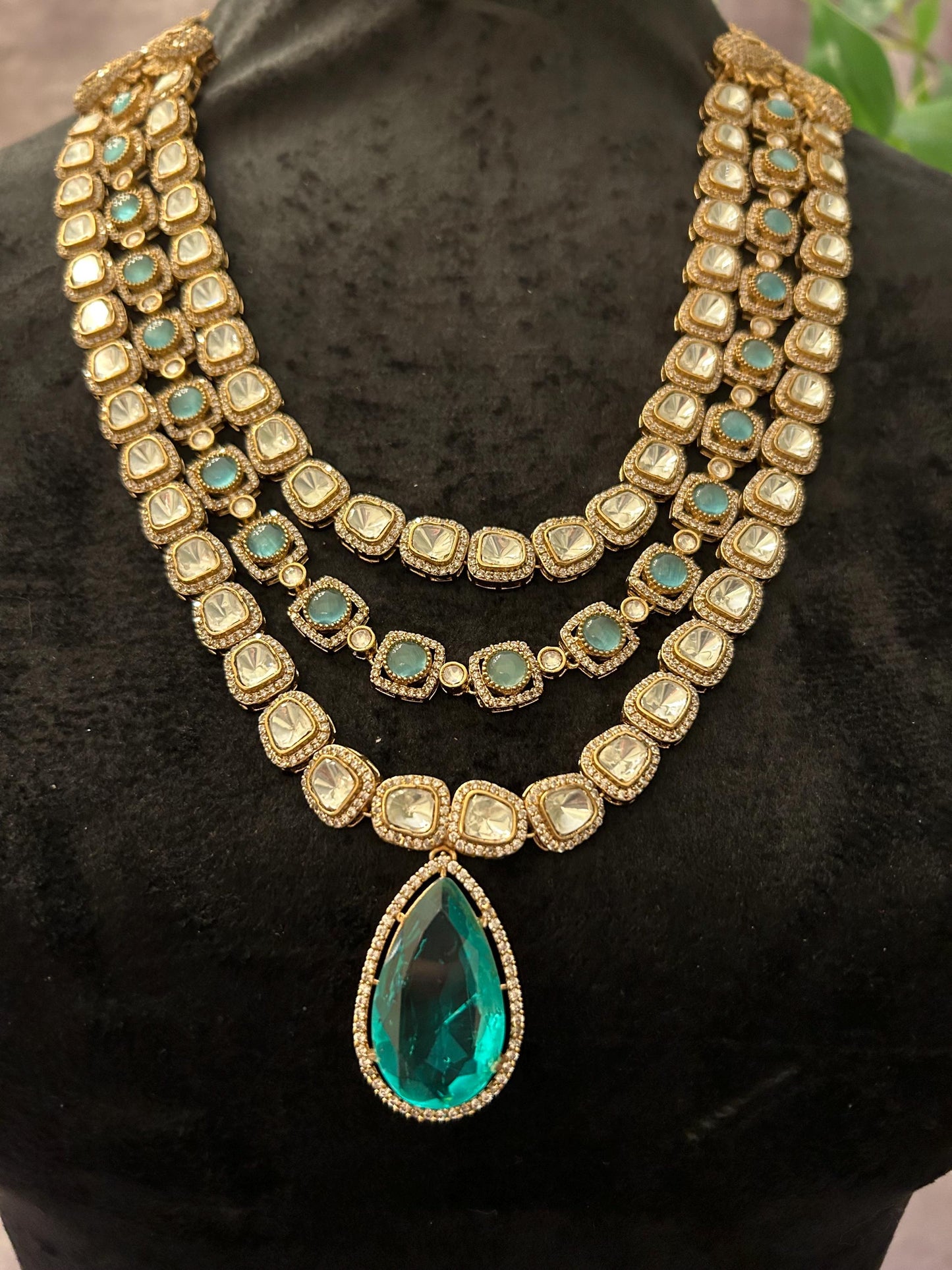 Amrapali inspired design Mint green long layered Necklace set Mossanite, polki American diamonds adjustable gold polished