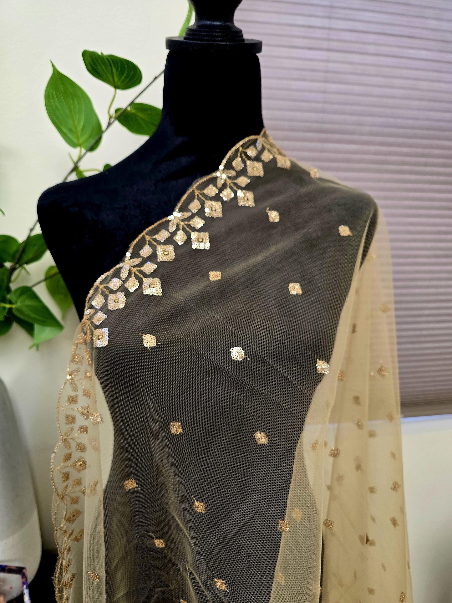 Jaal Embroidered Gold Net Dupatta golden trendy delicate shawl stole