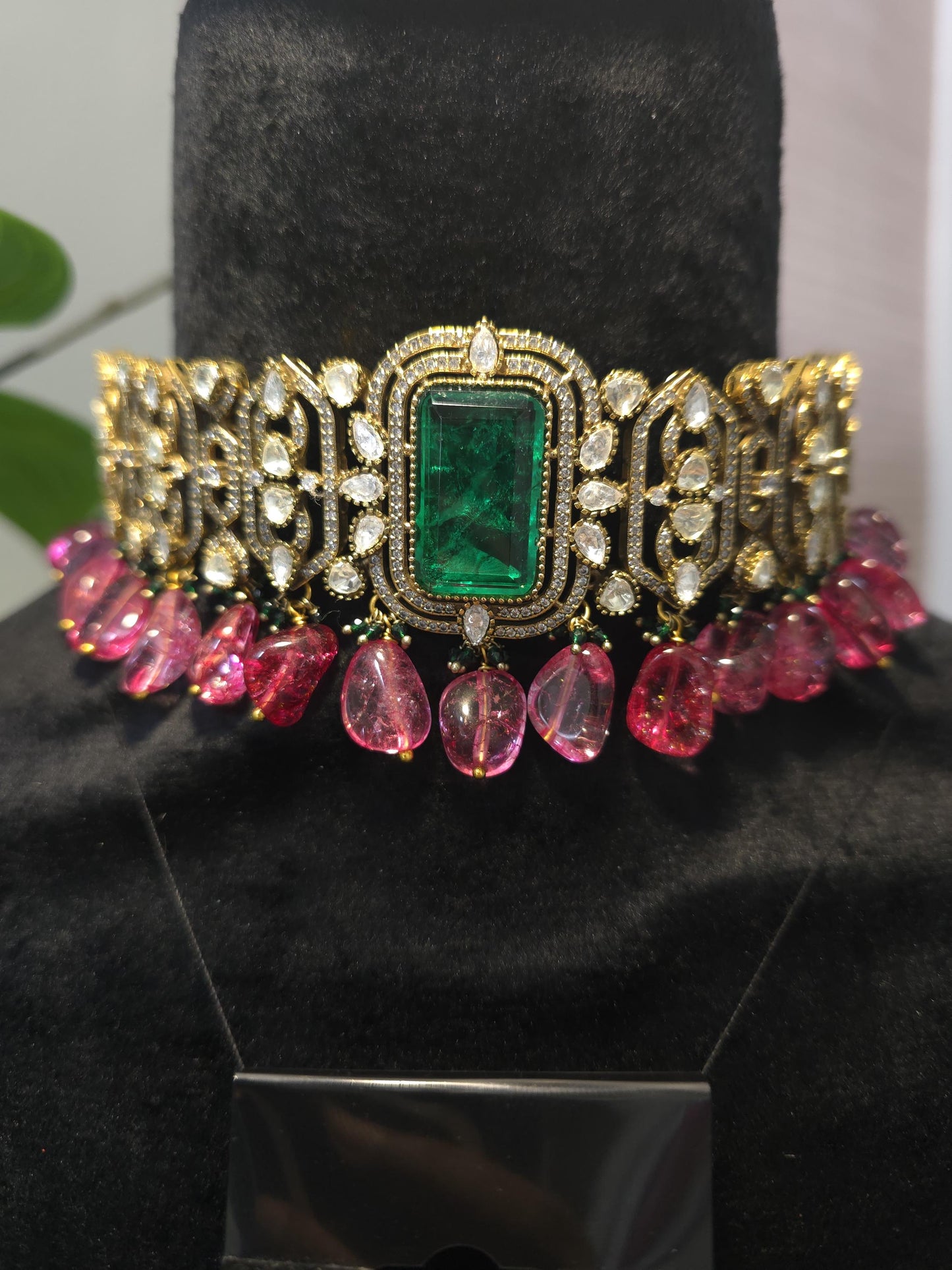 Semiprecious stone choker necklace set with Mossanite, polki American diamonds adjustable gold polished