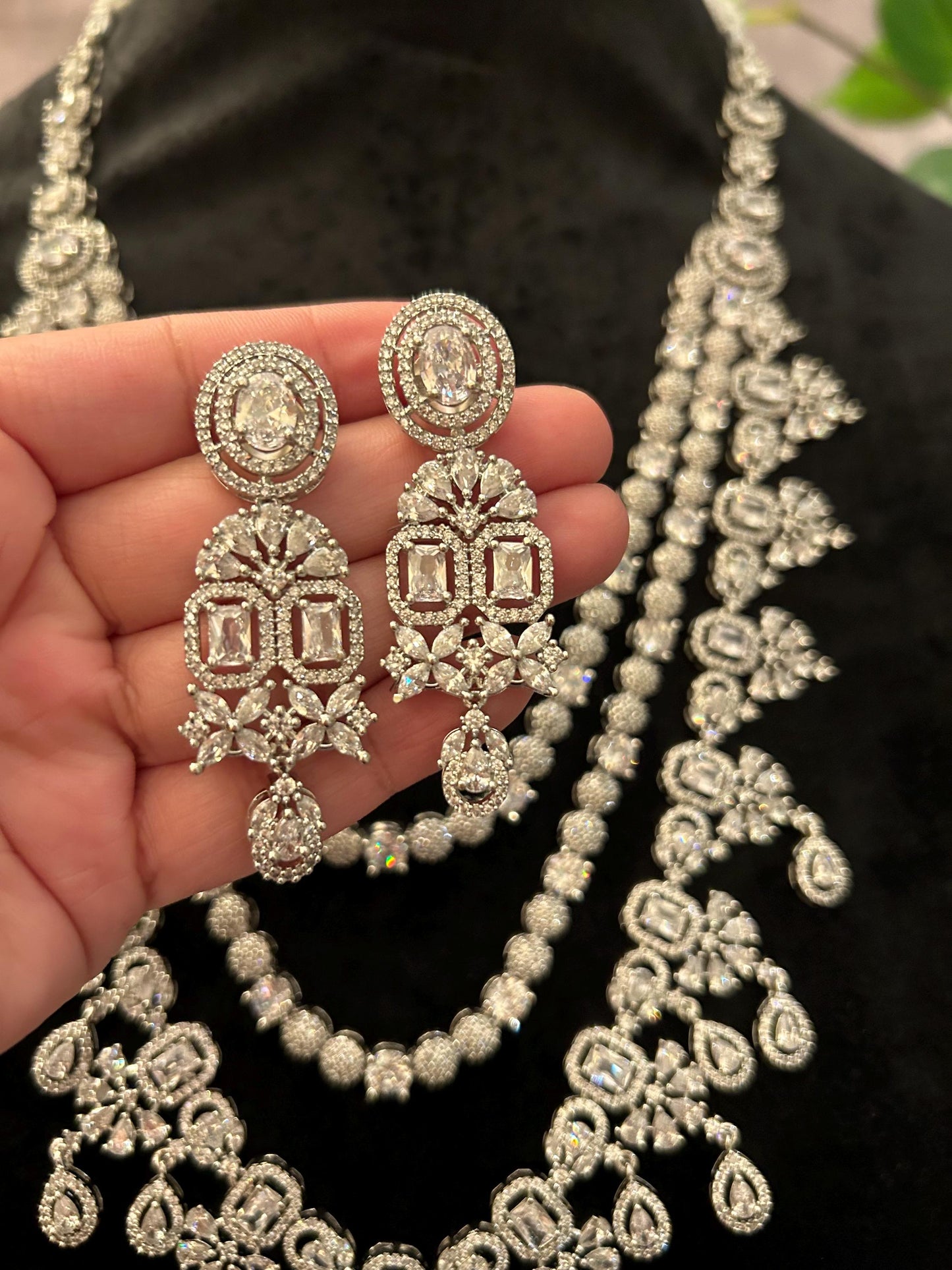 American diamonds long layered necklace set adjustable silver polished