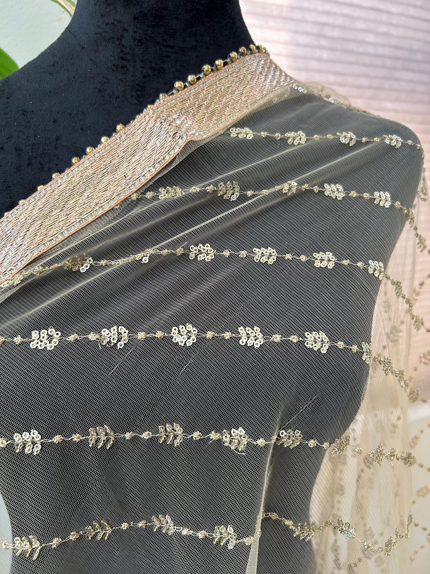 Embroidered Net fabric Dupatta Stole with lacework and sequin work lightweight gold color