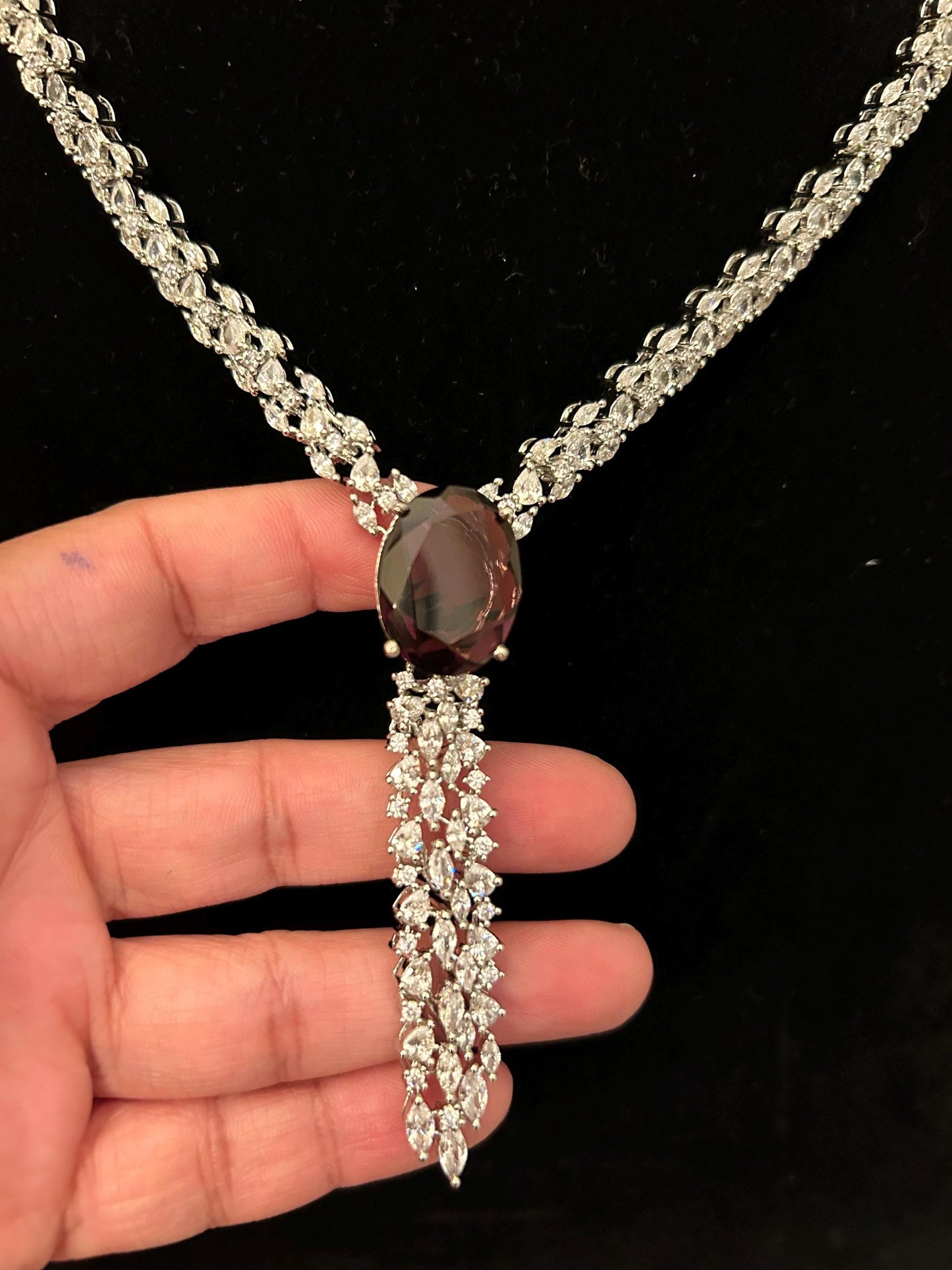 American Diamonds zirconia long necklace set purple stones
