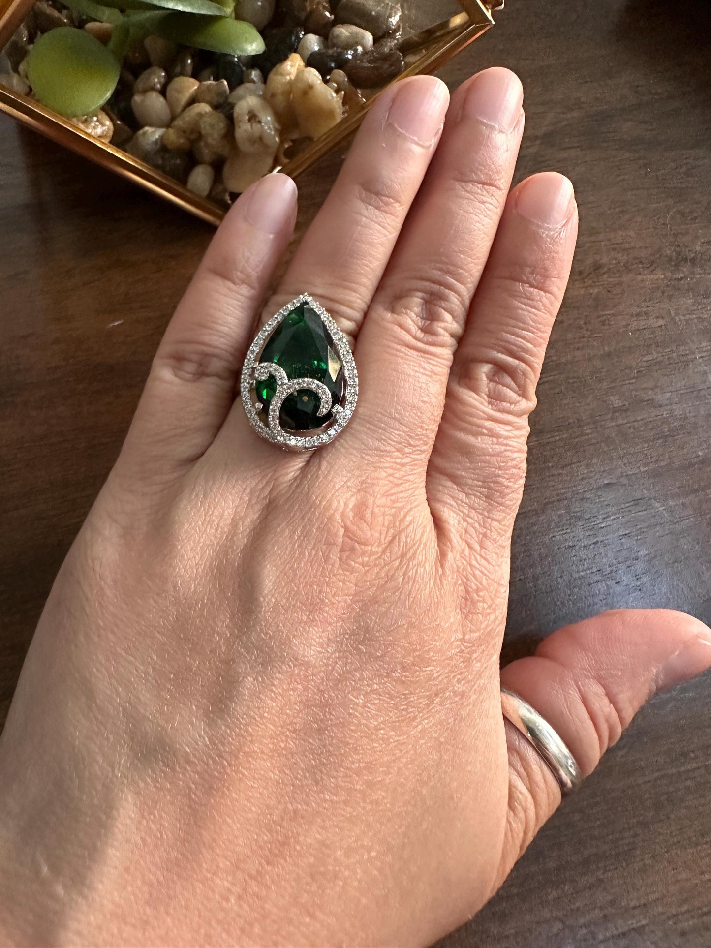 Cubic Zirconia Adjustable finger Ring With Rhodium Plating green blue diamonds trendy