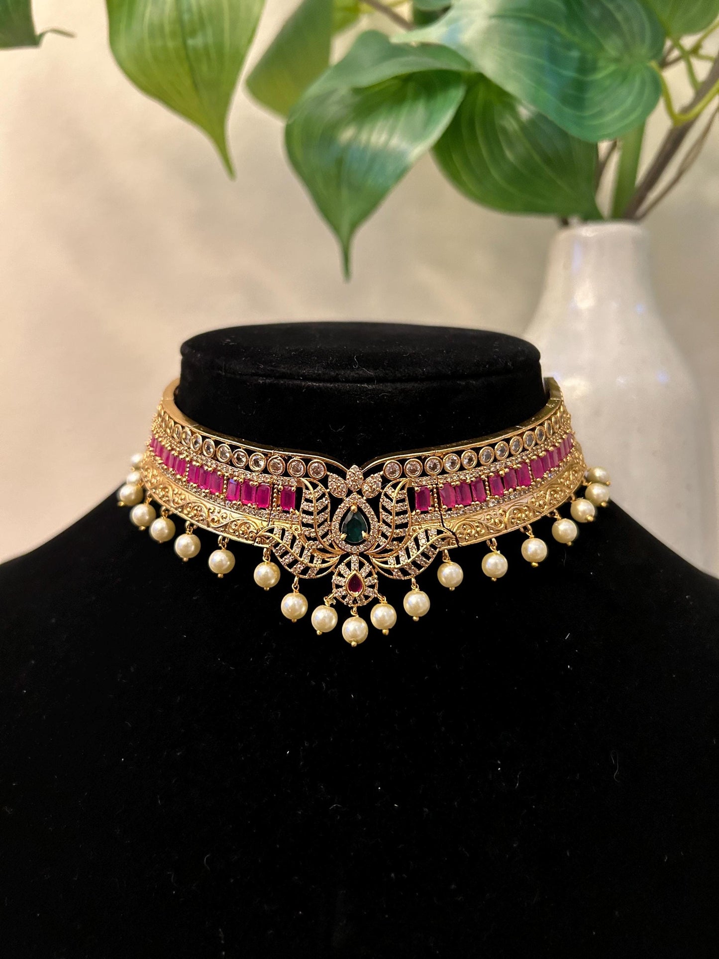 Premium choker necklace set with zirconia diamonds, adjustable gold polished