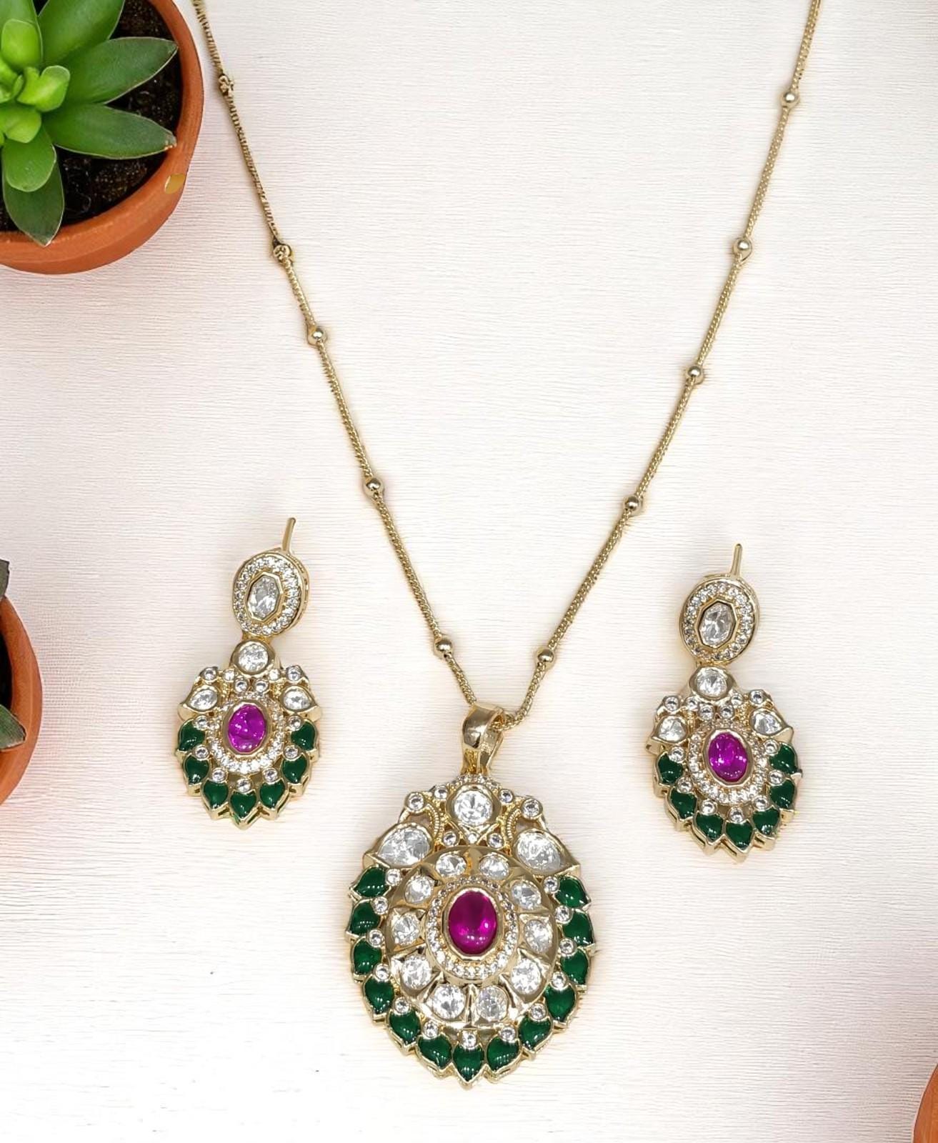 Mossanite, polki, American diamonds chain pendant necklace set adjustable gold polished