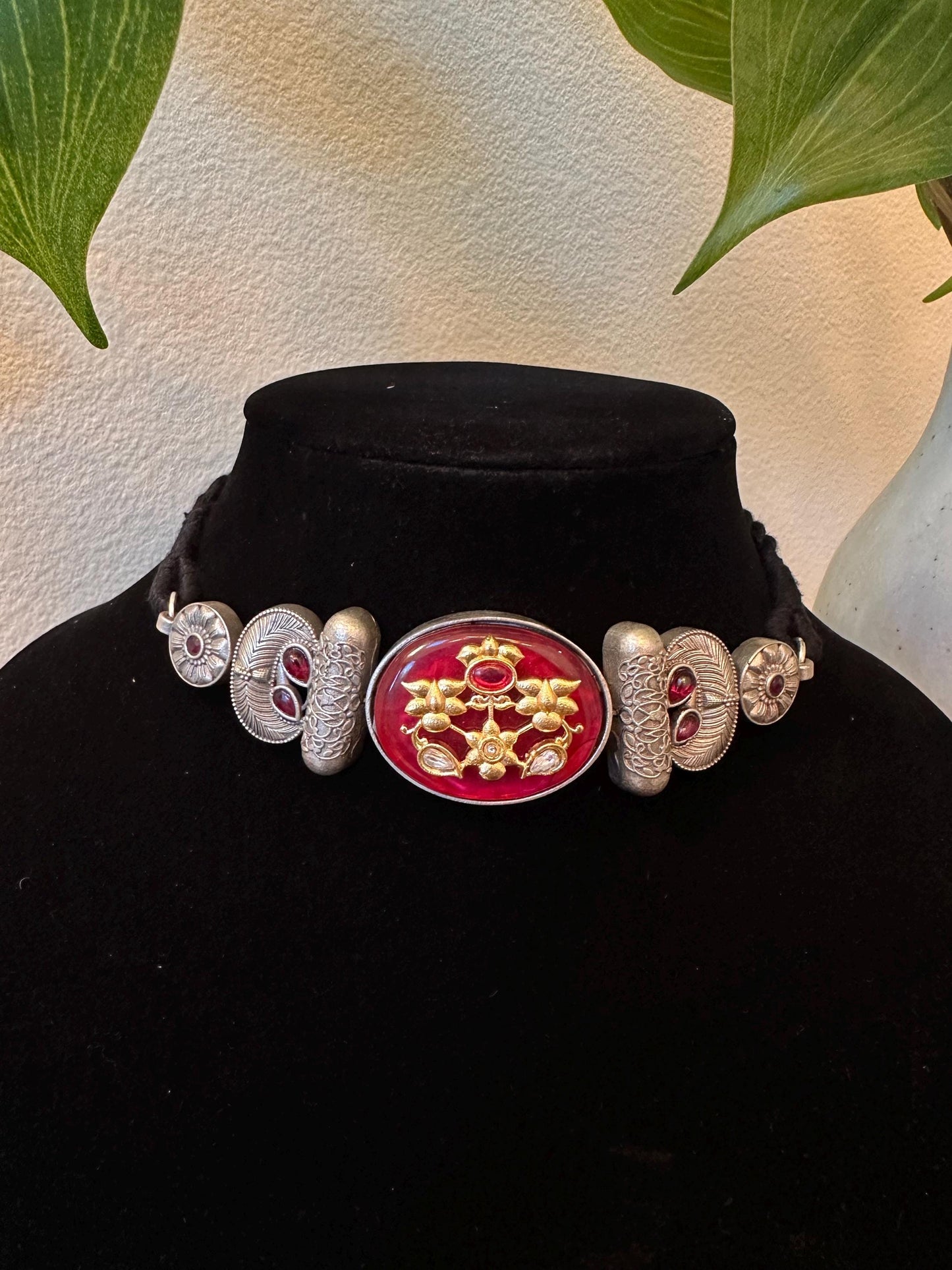 German silver necklace set choker blue, green and red trendy