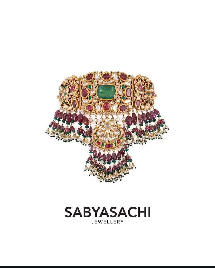 Premium necklace set with polki and American diamonds, adjustable gold polished sabyasachi design