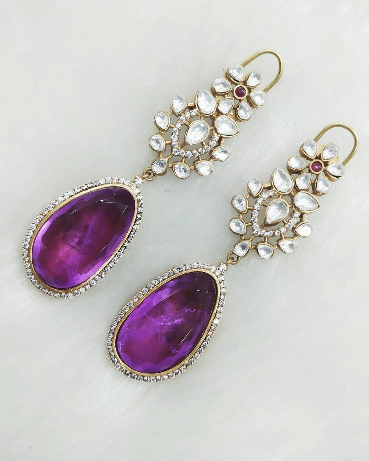 Polki Long Dangle Earrings: American Diamond Doublet Stone