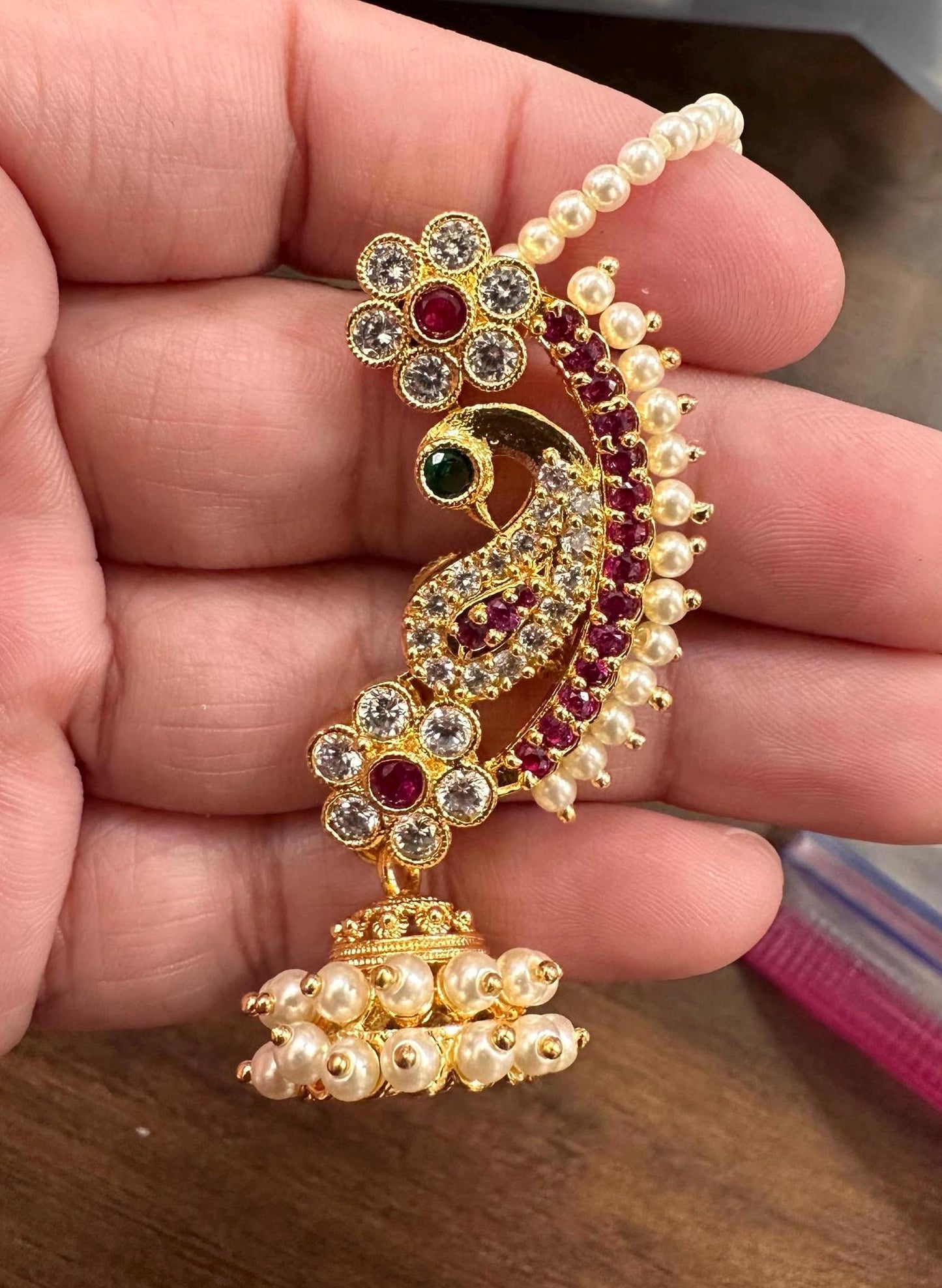 Gold and pearls ear cuff jhumka earrings with american diamonds peacock design gold polished, kaan chain earrings trendy light weight