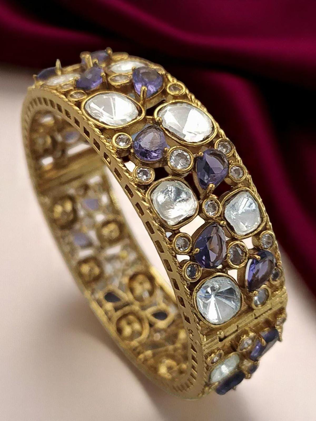 Polki and American diamonds kada bracelet gold polished