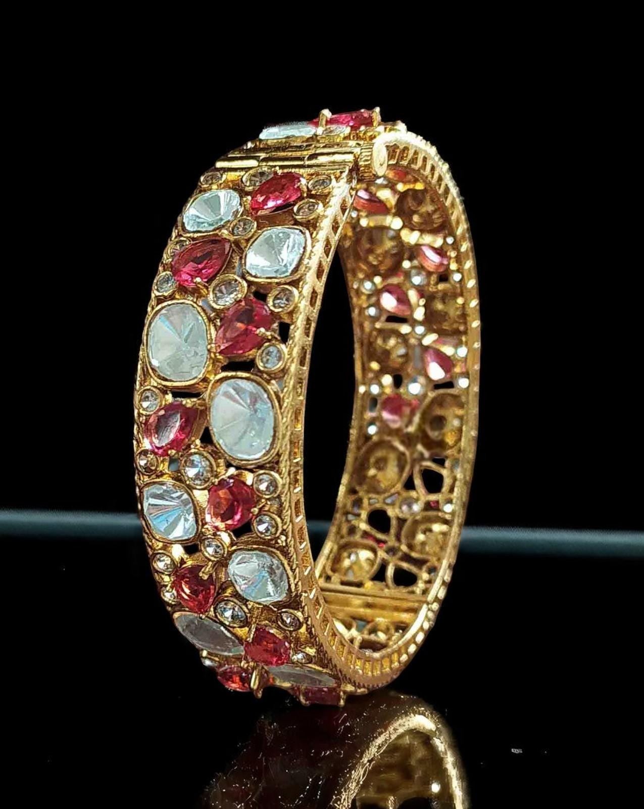 Polki and American diamonds kada bracelet gold polished