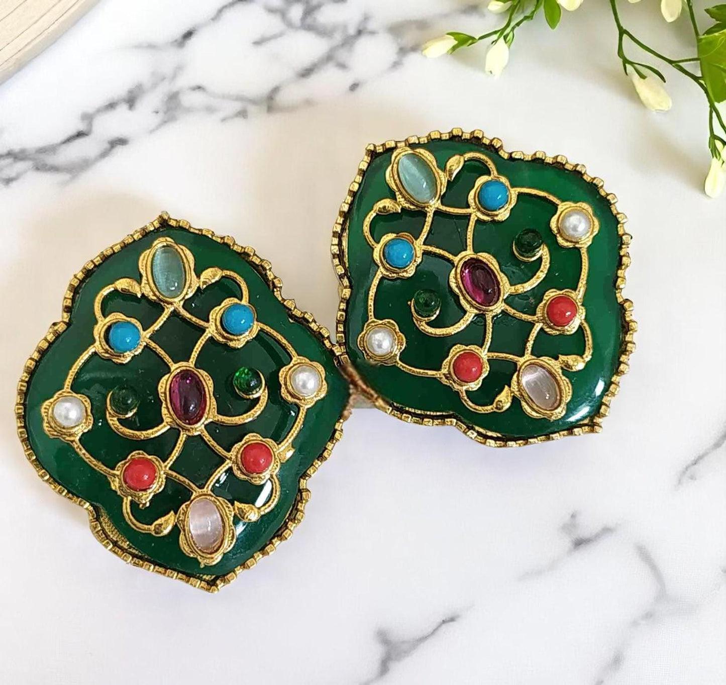 Big Stud earrings stone with inlay work and navratnas lightweight