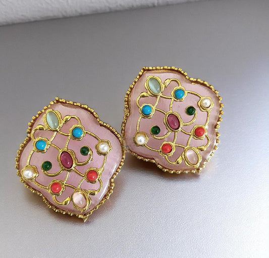 Big Stud earrings stone with inlay work and navratnas lightweight