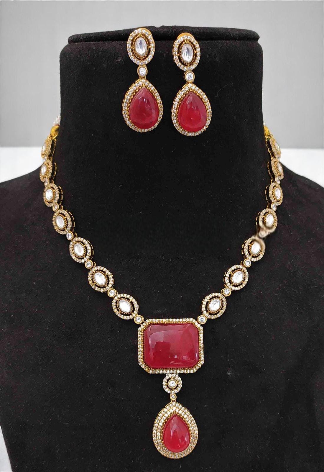 Polki doublet red stone and American diamonds necklace set trendy