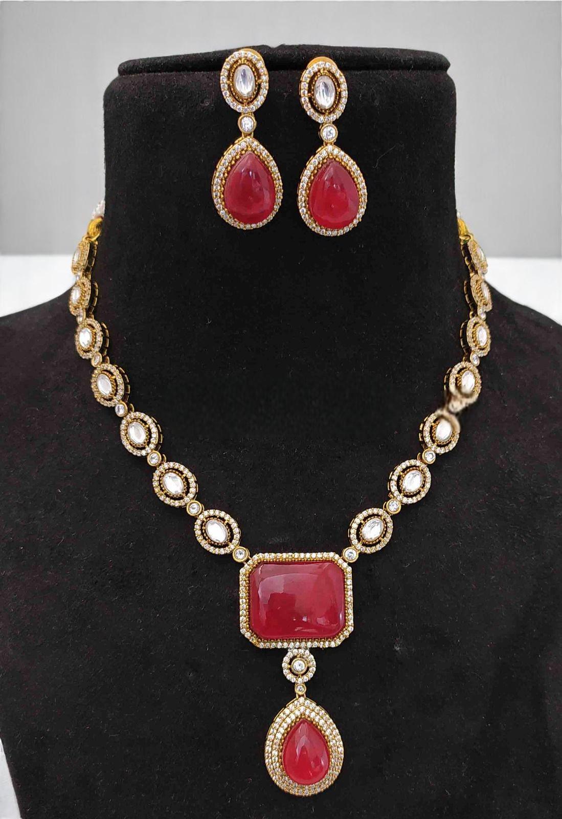 Polki doublet red stone and American diamonds necklace set trendy