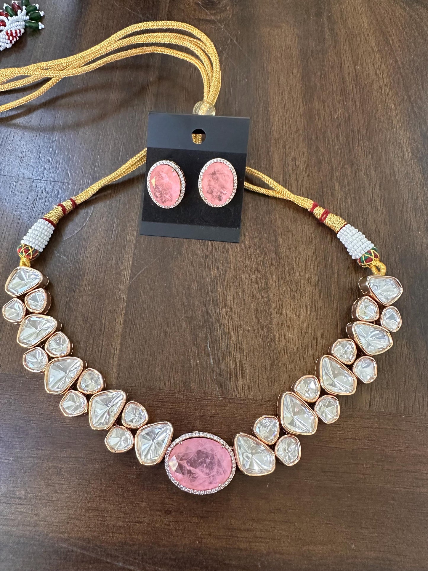Mossanite Polki necklace set, American diamonds, adjustable gold polished with pink semiprecious doublet stone