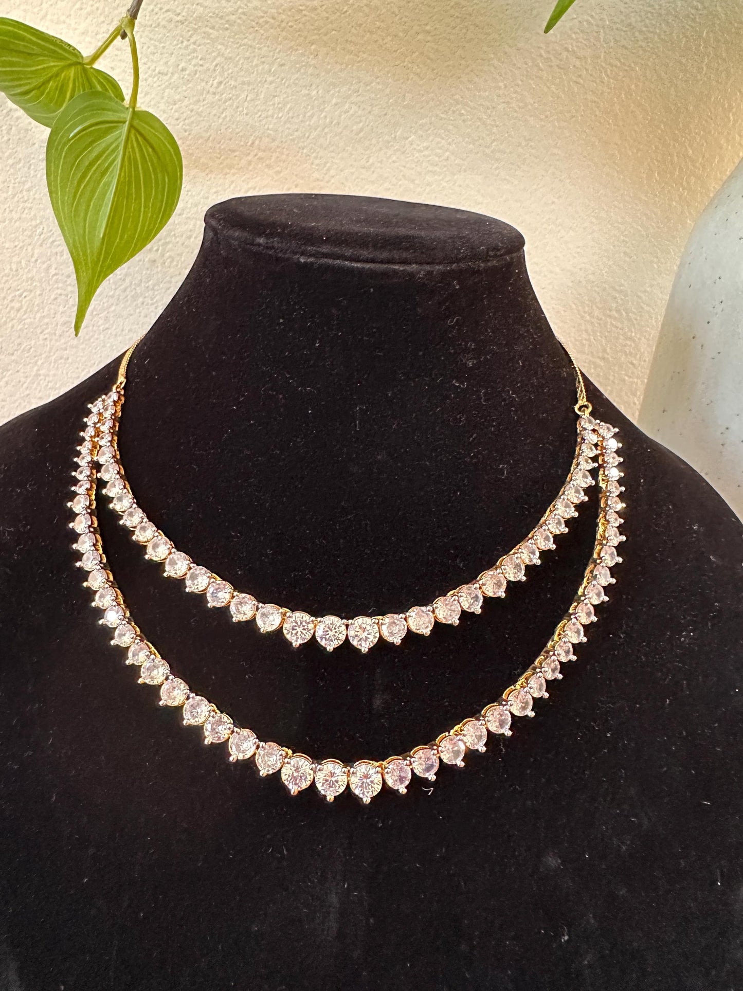 American Diamonds zirconia double layered necklace two tone gold polished layered trendy real diamond lookalike
