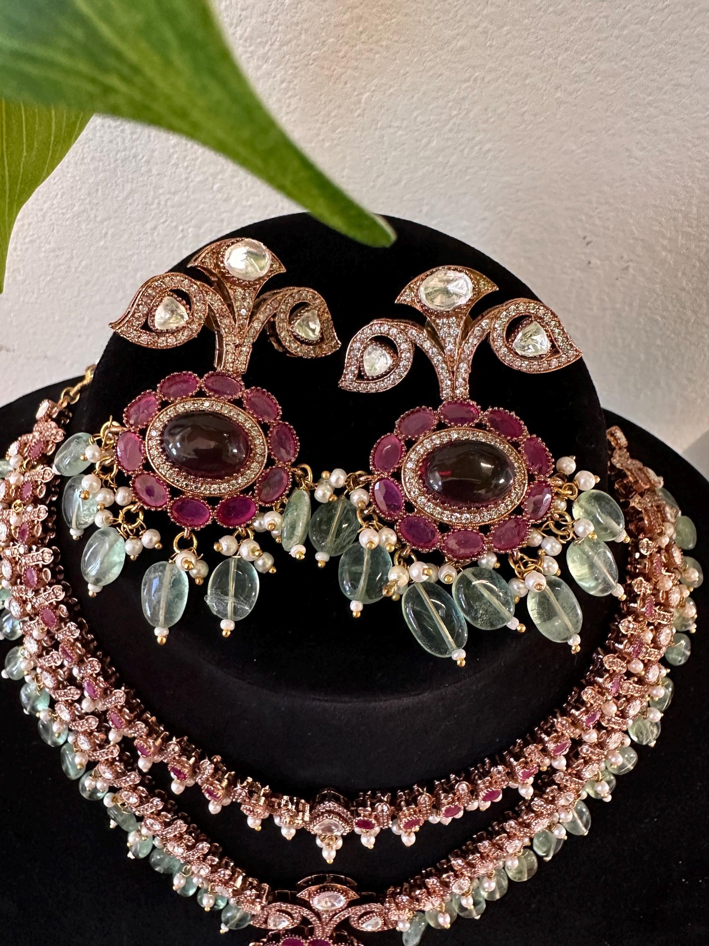 Semiprecious stone choker necklace set with Mossanite, polki American diamonds adjustable gold polished