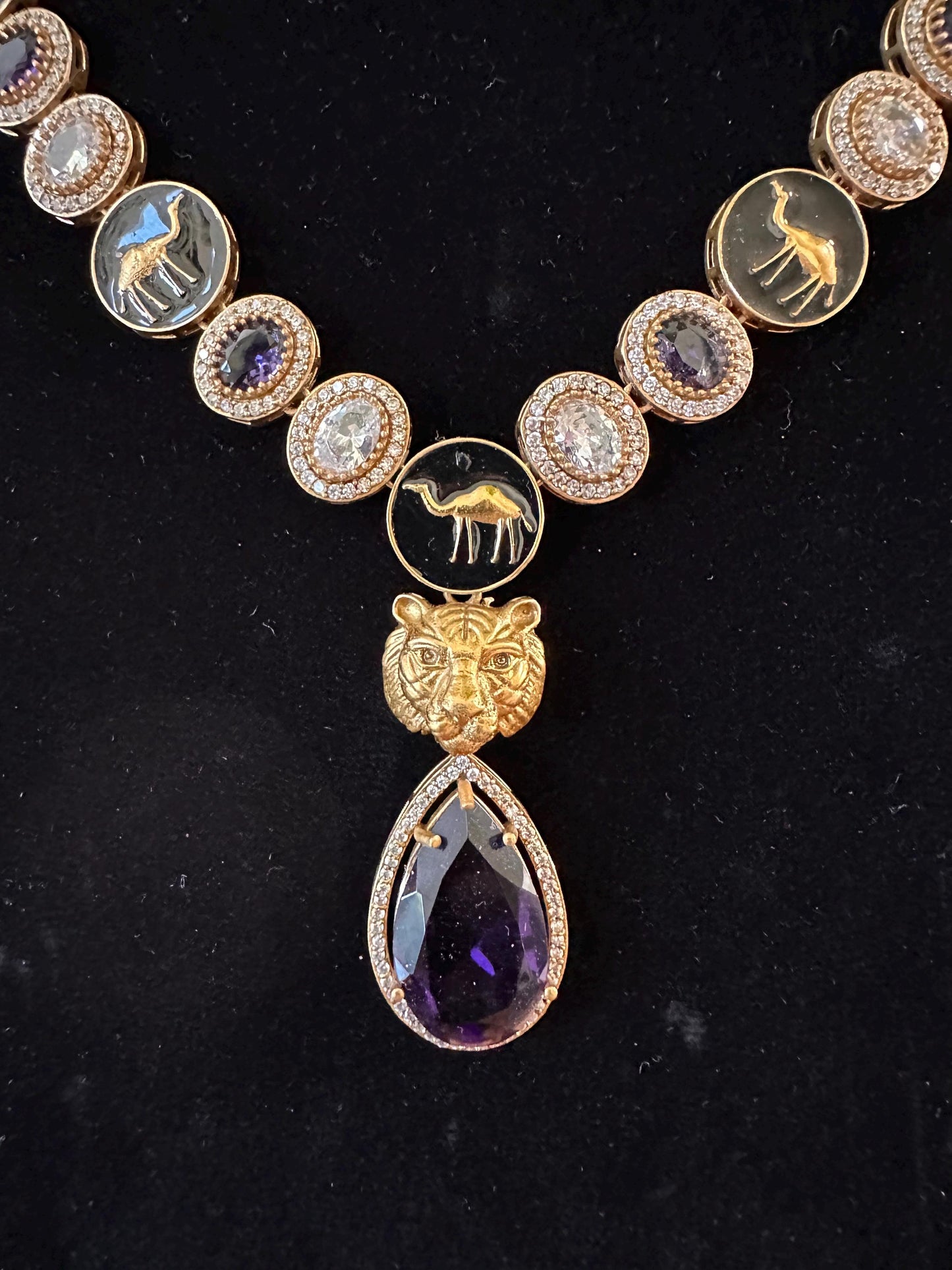 Sabyasachi inspired long necklace set purple stone gold polished