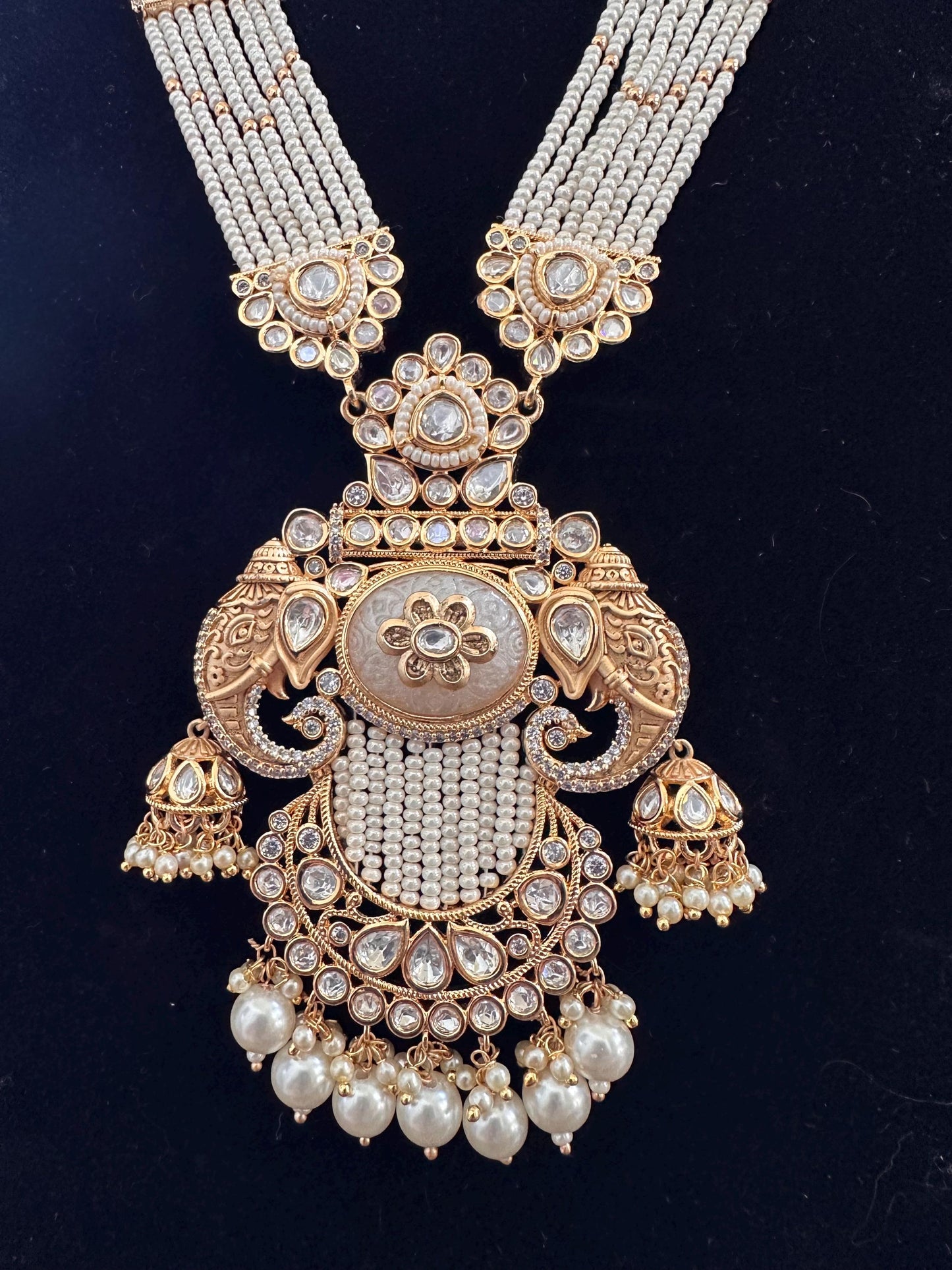 Amrapali style Rajwadi necklace set long, adjustable gold foil work polished, real mossanite, doublet stone with carving and gold inlay work