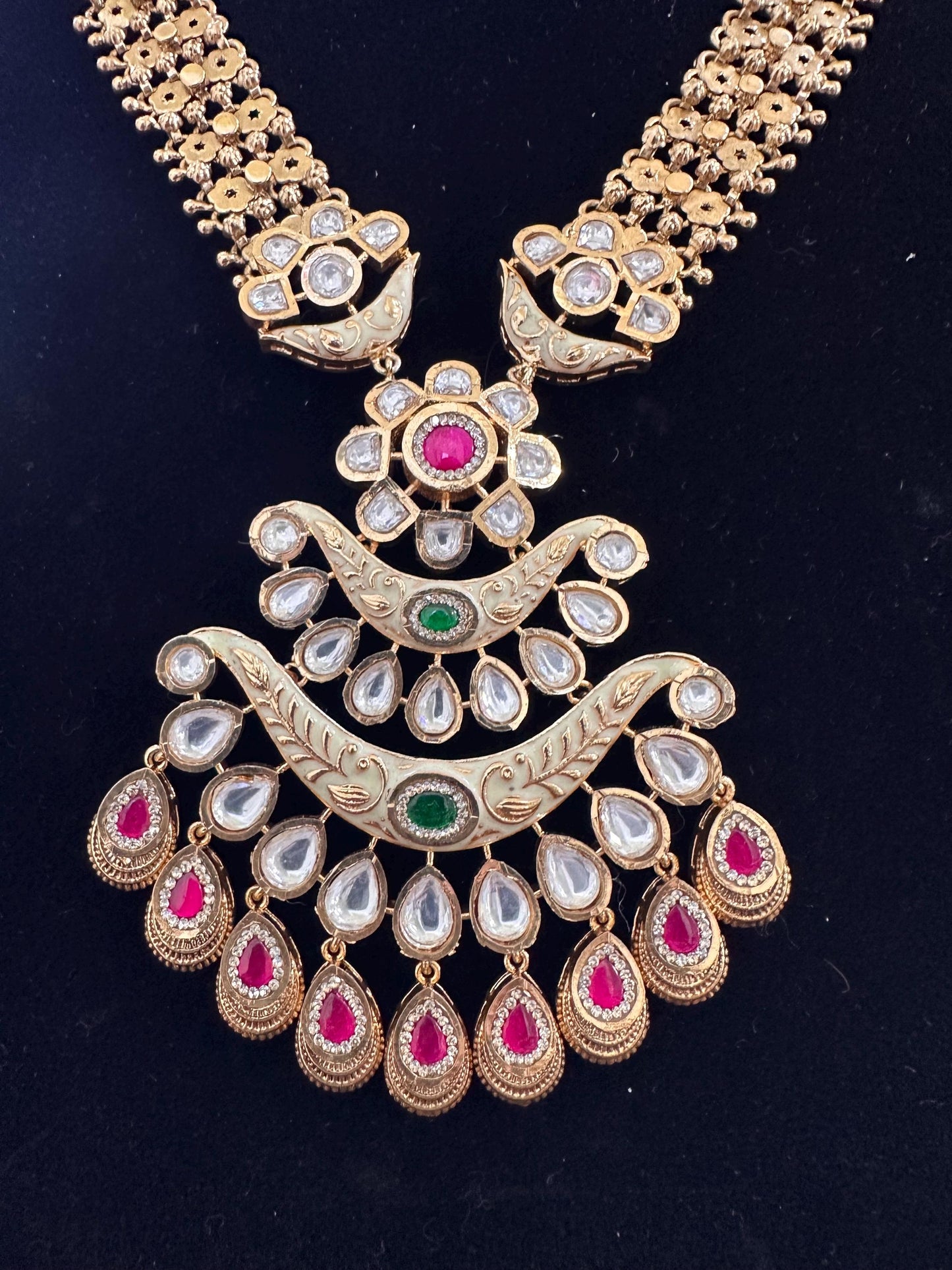 Rajwadi necklace set long with polki and American diamonds, adjustable gold polished