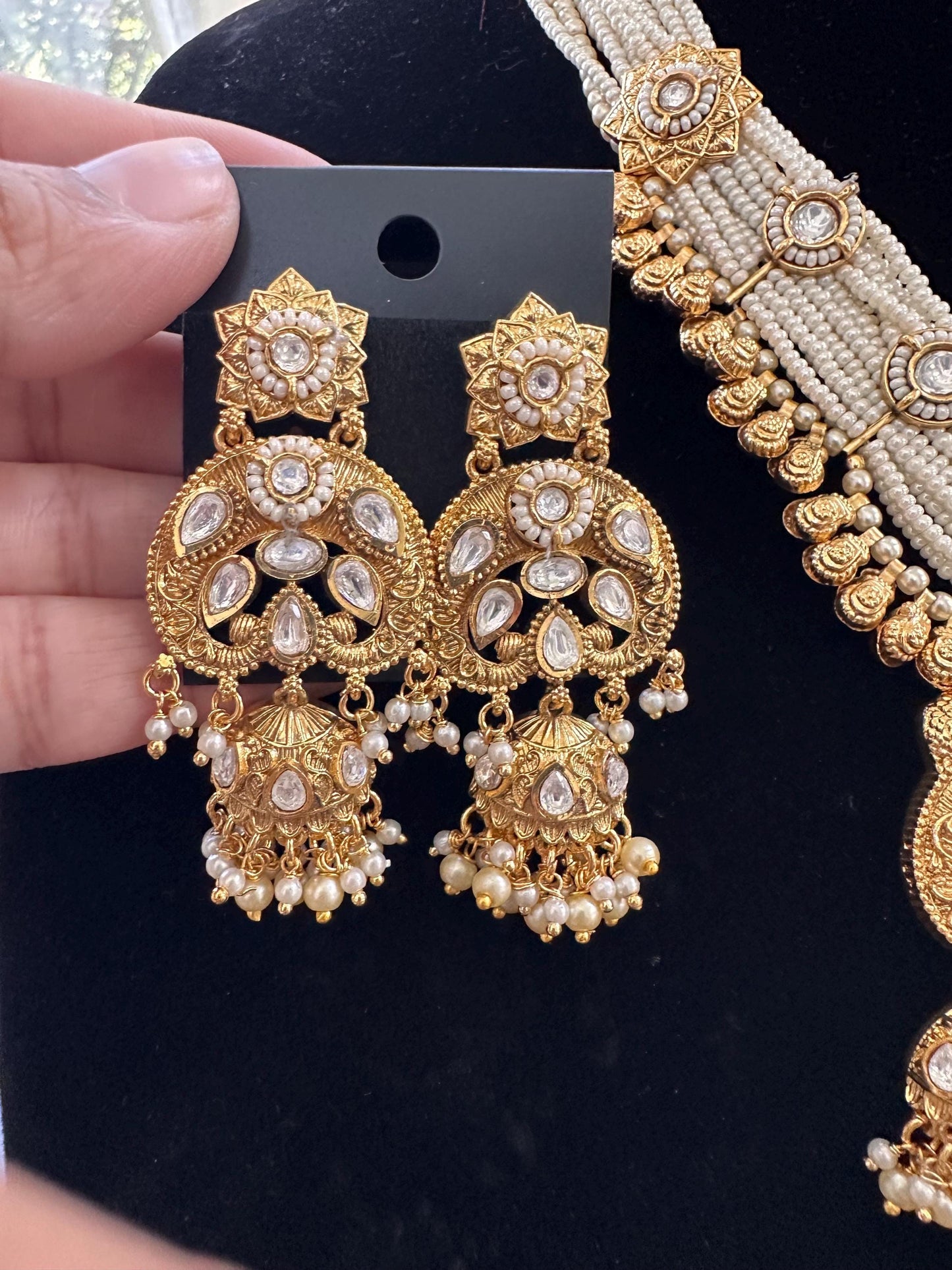 Amrapali style Rajwadi necklace set with polki, adjustable gold polished