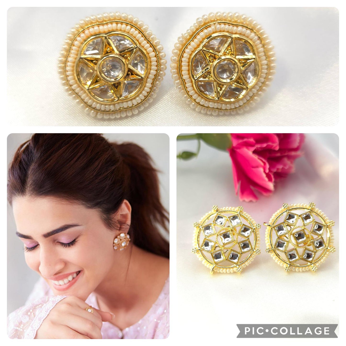 stud earrings kundan light weight light gold polished