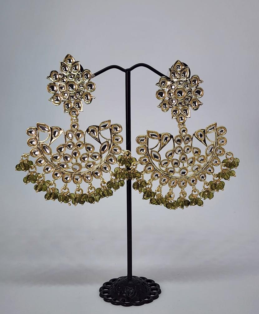 kundan earrings olive green beads light weight light gold polished Bollywood style