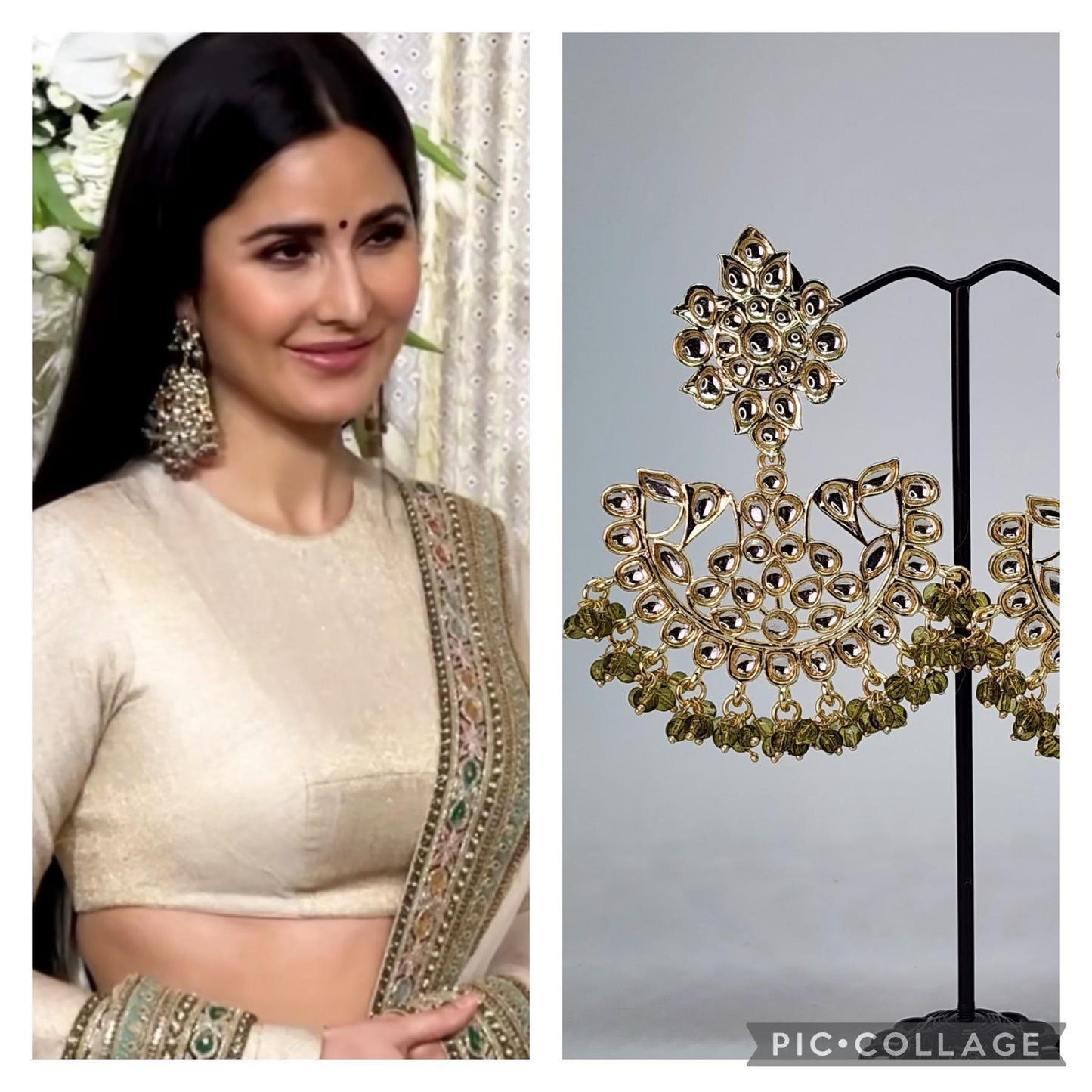 kundan earrings olive green beads light weight light gold polished Bollywood style