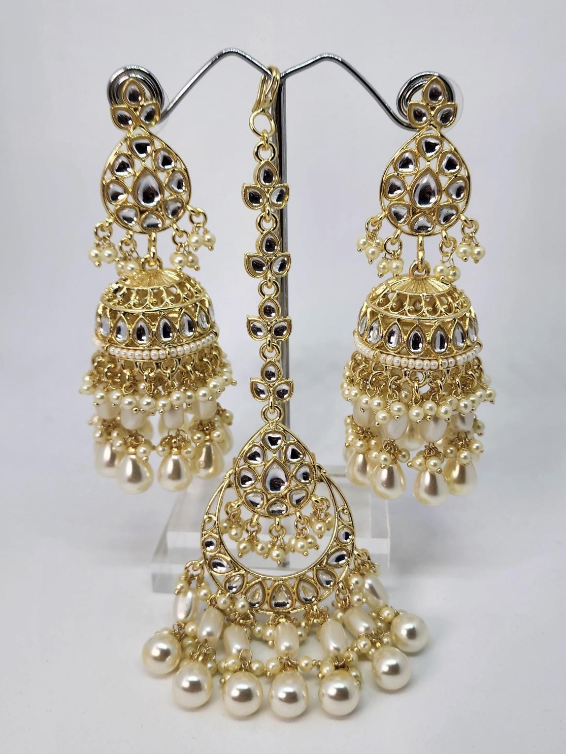 Pearl kundan jhumka long earrings and maang tikka combo light weight gold polished