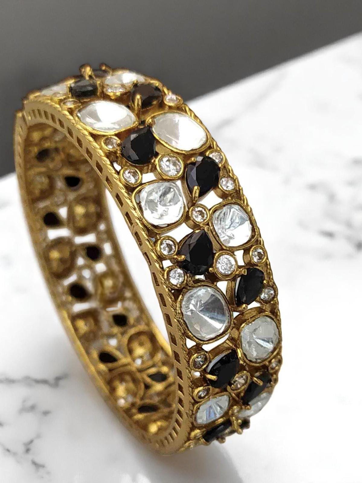Polki and American diamonds kada bracelet gold polished