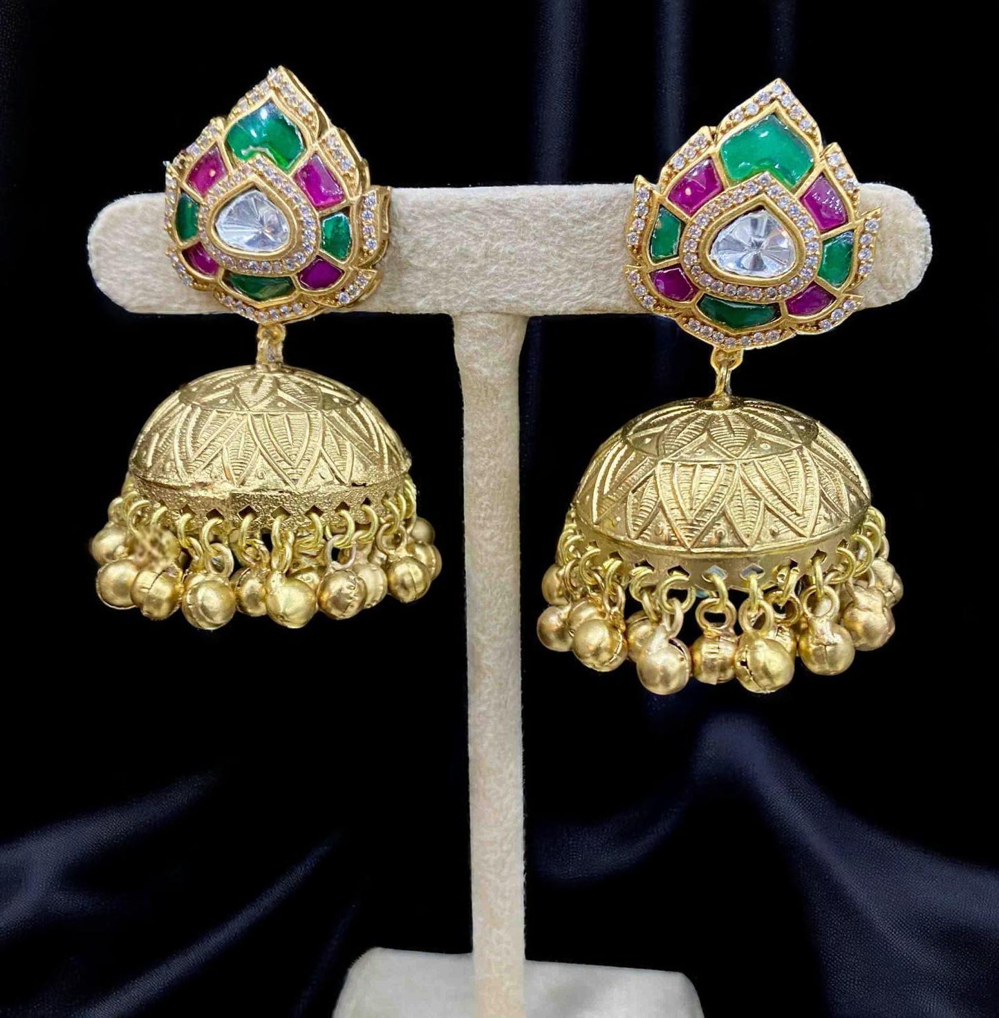 Jadau polki trendy lightweight german silver jhumkas earrings gold polished