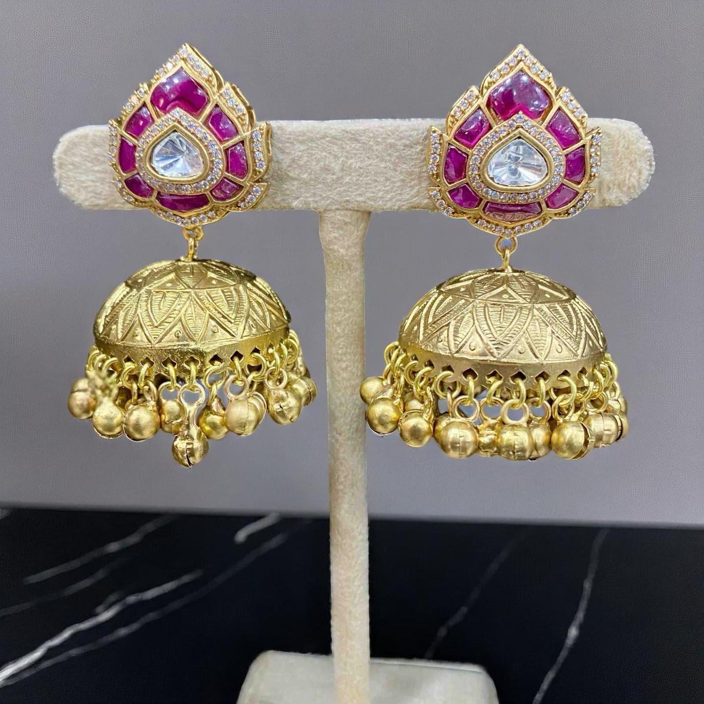 Jadau polki trendy lightweight german silver jhumkas earrings gold polished