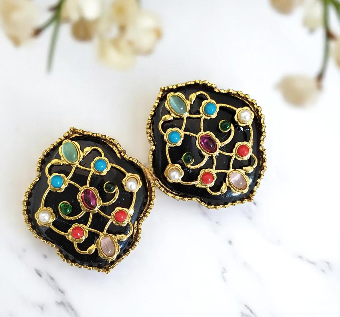 Big Stud earrings stone with inlay work and navratnas lightweight