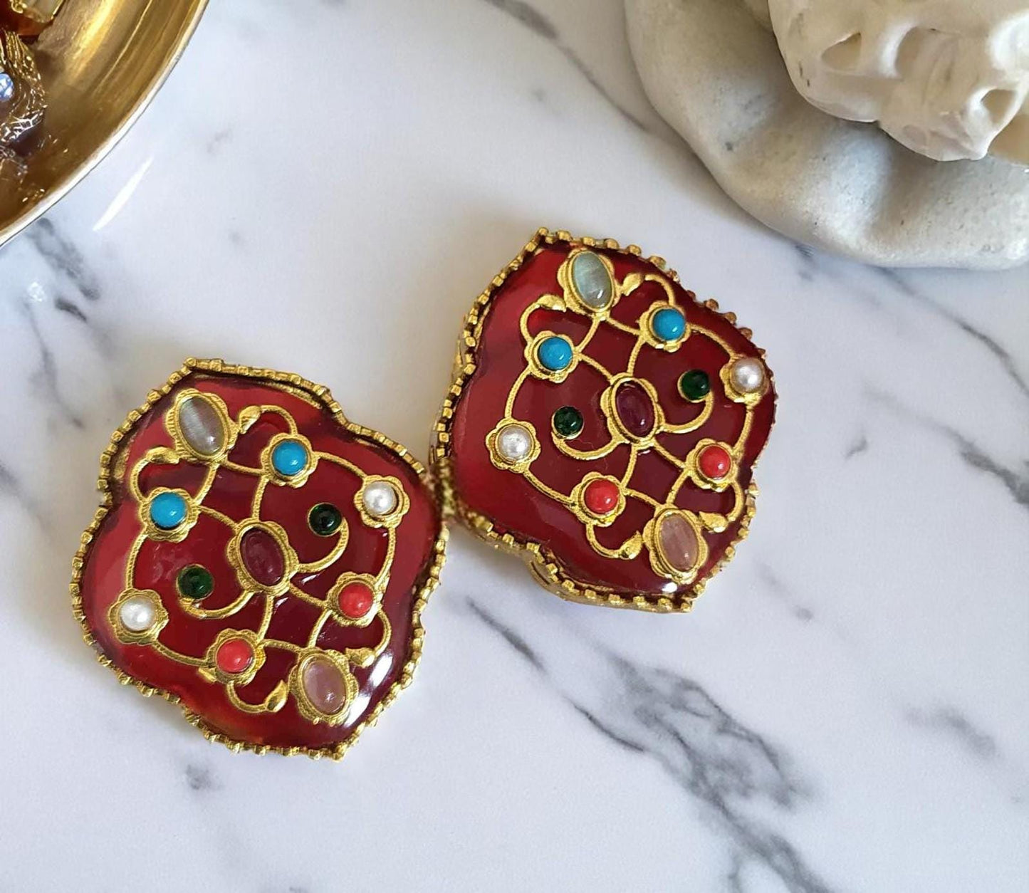 Big Stud earrings stone with inlay work and navratnas lightweight
