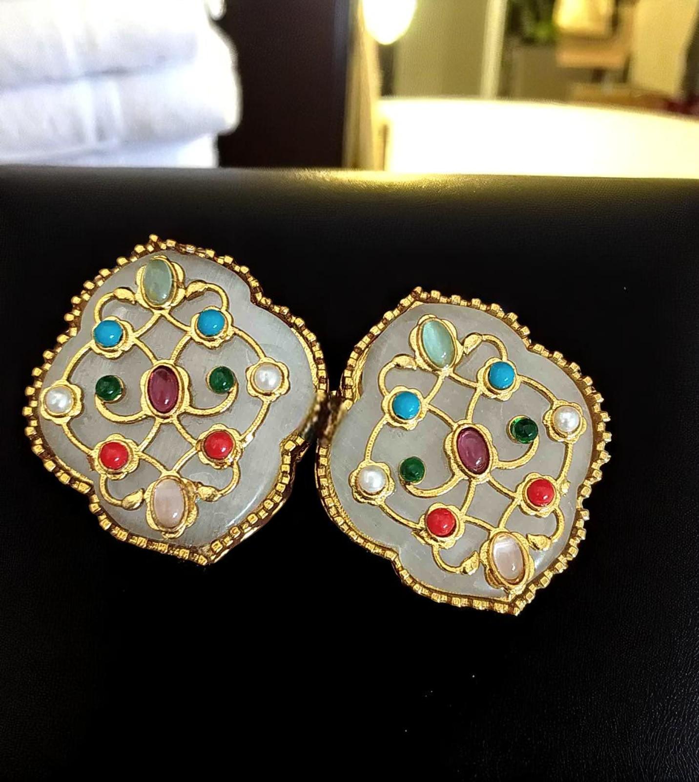 Big Stud earrings stone with inlay work and navratnas lightweight
