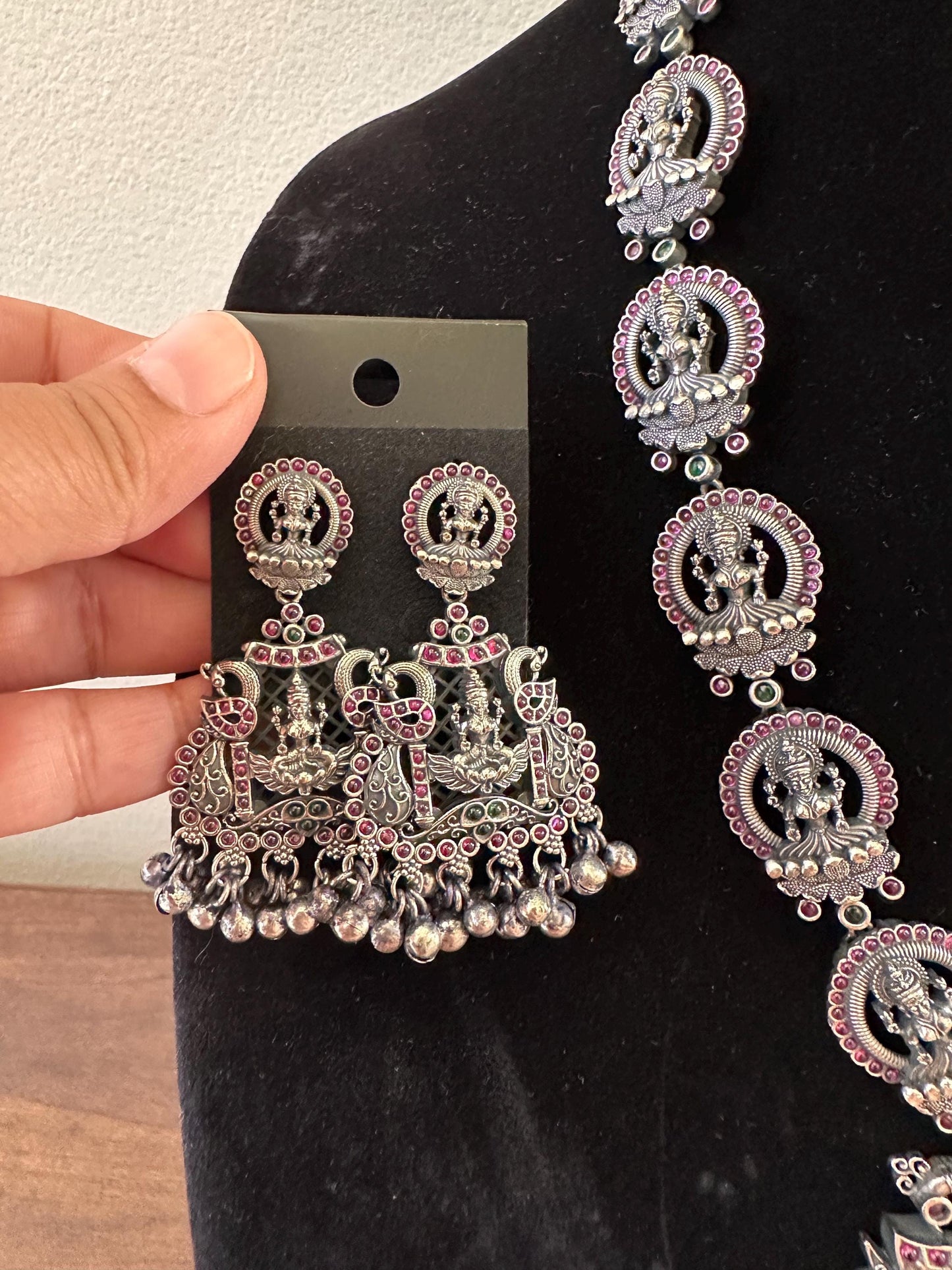 German silver temple jewelry long necklace set with rubies laxmi goddess design