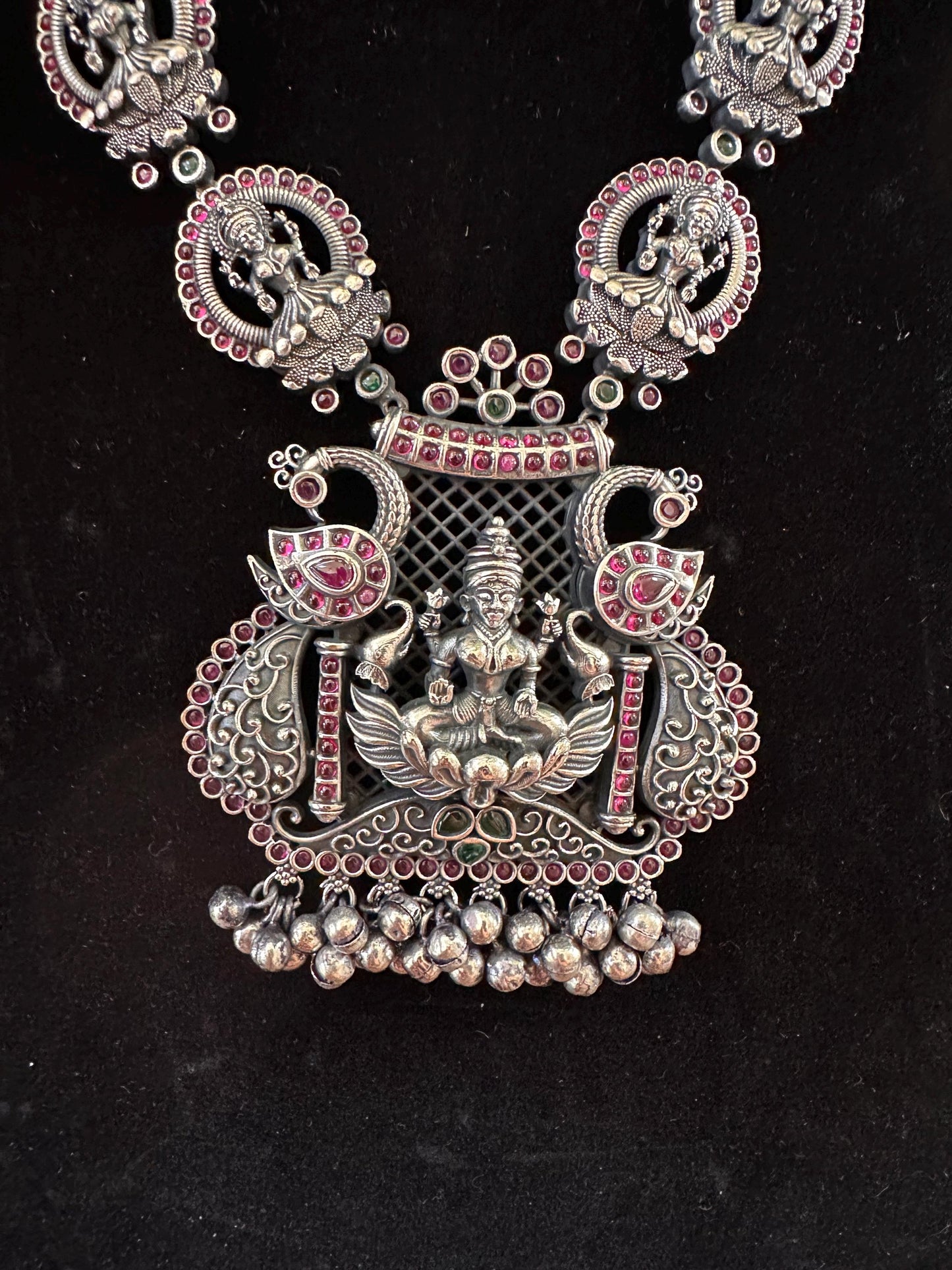 German silver temple jewelry long necklace set with rubies laxmi goddess design