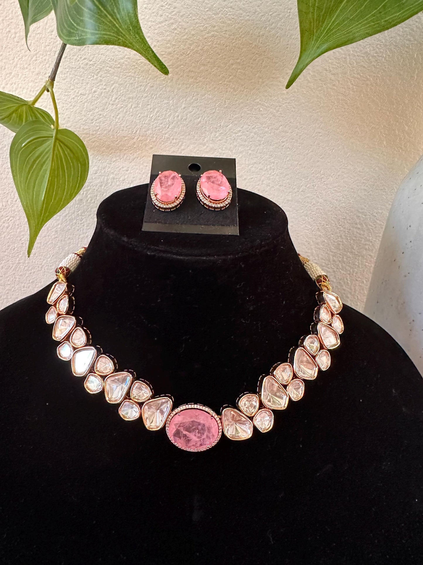 Mossanite Polki necklace set, American diamonds, adjustable gold polished with pink semiprecious doublet stone