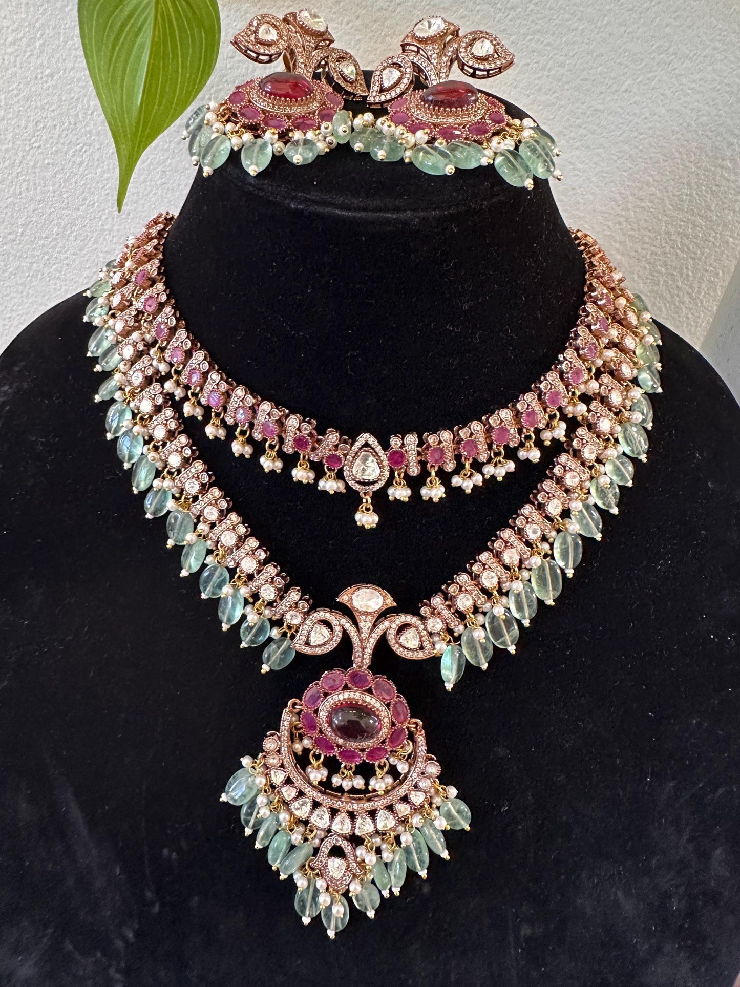 Semiprecious stone choker necklace set with Mossanite, polki American diamonds adjustable gold polished
