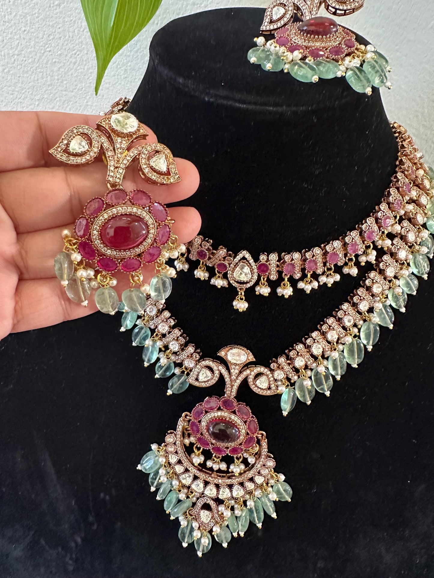 Semiprecious stone choker necklace set with Mossanite, polki American diamonds adjustable gold polished