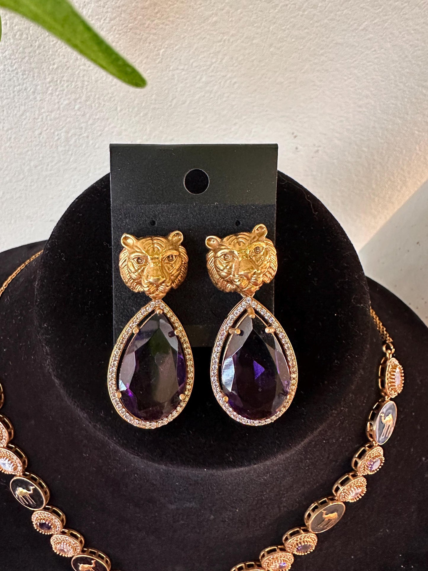 Sabyasachi inspired long necklace set purple stone gold polished