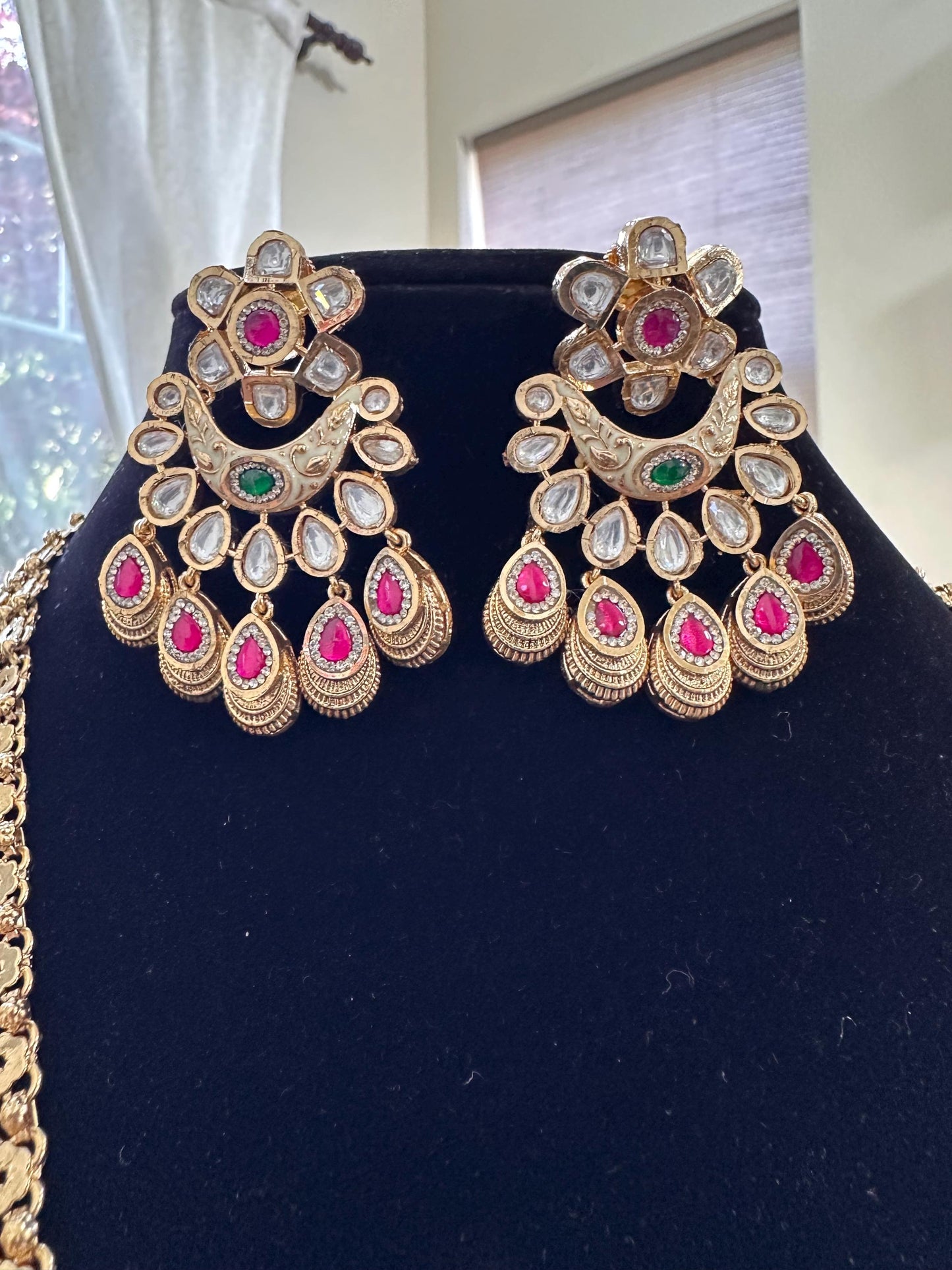 Rajwadi necklace set long with polki and American diamonds, adjustable gold polished